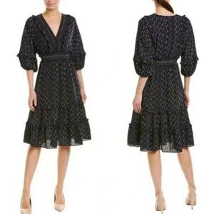 NWT MSRP$138 Max Studio V-Neck Empire Waist Dress 3/4 Sleeve Tiered Stretch L